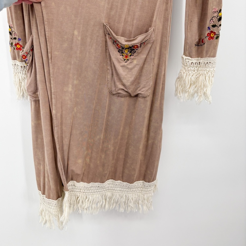 POL Embroidered Fringe Long Open Cardigan Boho Festival Western Duster Size S - Picture 5 of 8